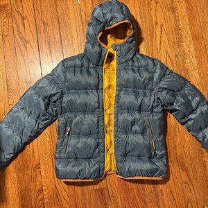 mountain force swiss engineered denim print reversible yellow puffer unisex m